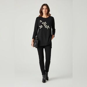 Bordado Black Long Sleeve Abstract Appliqué Tunic Top Size L